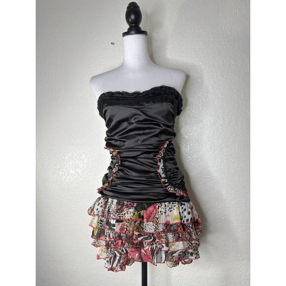 other Dresses & Skirts - Y2K Ruched Asymmetrical Sweetheart Satin Sheer Dress Art Sequin Whimsygoth Sz S